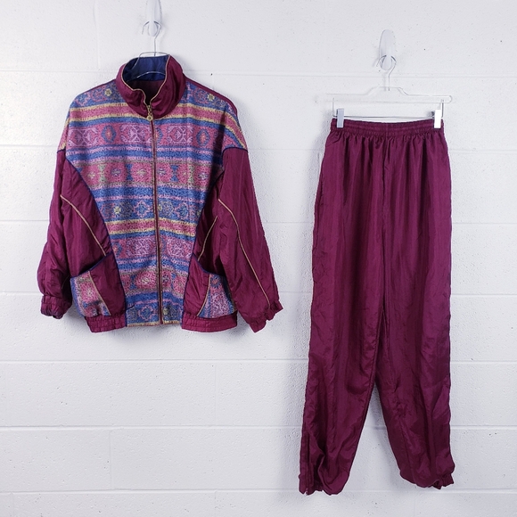 Vintage Pants - Vintage 80s Boho‎ Track Suit Swishy Purple Floral Geometric Pattern Medium